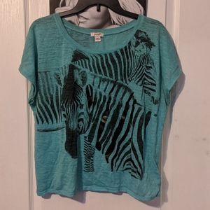 Light Blue Zebra Round Neck Loose Sheer Short Sleeve Shirt Top Y2K Vintage Retro